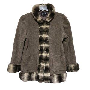 Vintage Wool Blend Overcoat 1X Faux Fur Trim Car Coat Brown Pockets Neutral Glam